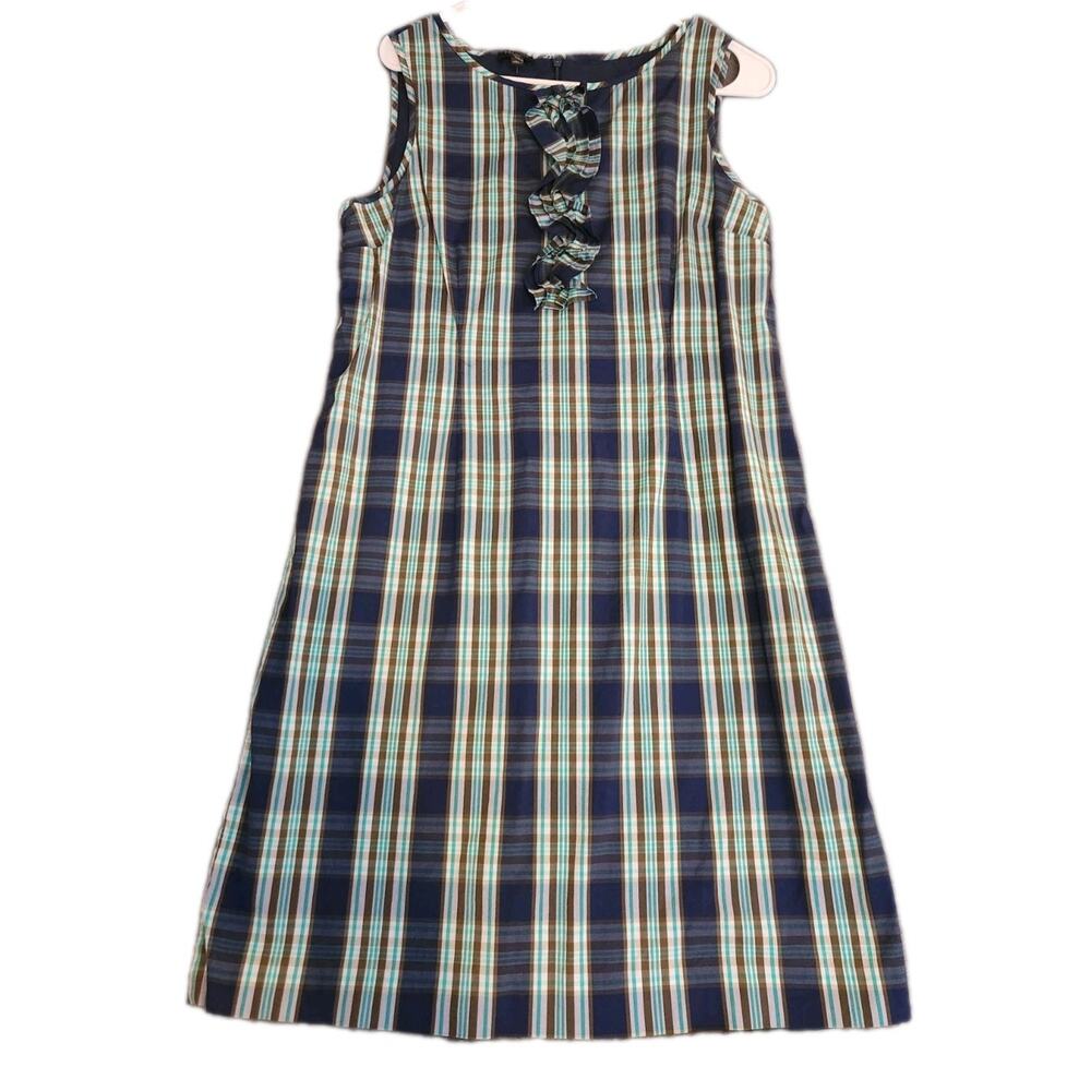 Talbots Tartan Plaid Dress Women's 12P Blue Green Ruffle Front‎ Sleeveless Lined